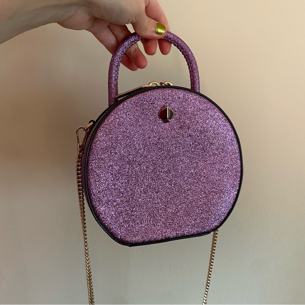 Kate Spade Small Lilac Purple Glitter Round Handbag with Crossbody Chain Strap